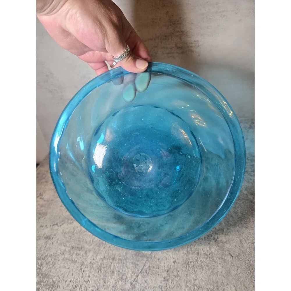 RARE 10” Blown Aqua Blue Glass Shallow Bowl With  Optic Swirl/Folded Rim Vintage